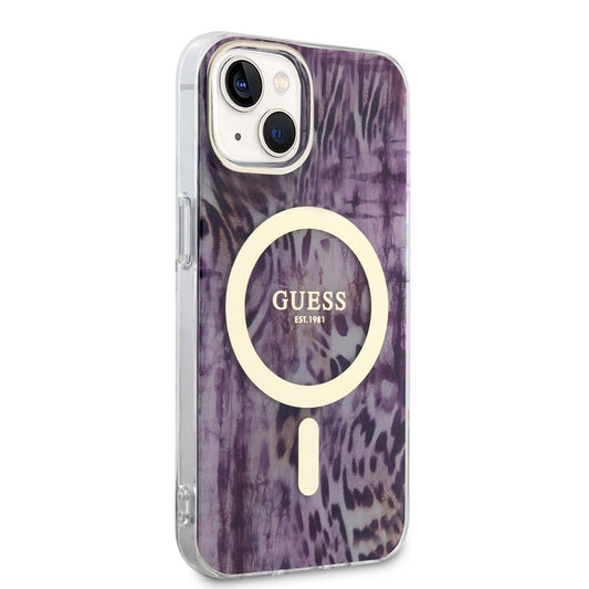 Apple iPhone 14 Case GUESS M-safe Charging Feature Leopard Pattern Cover Pink