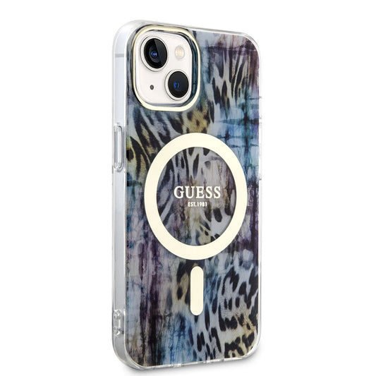 Apple iPhone 14 Case GUESS M-safe Charging Feature Leopard Pattern Cover Blue