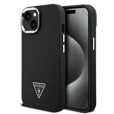 Apple iPhone 14 Kılıf Guess Orjinal Lisanslı M-safe Şarj Özellikli Grained Triangle Kapak Kahverengi