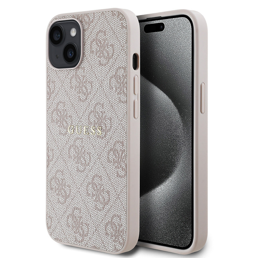Apple iPhone 14 Case Guess Original Licensed M-safe Charging Feature 4G Pattern Text Logo Cover Pink