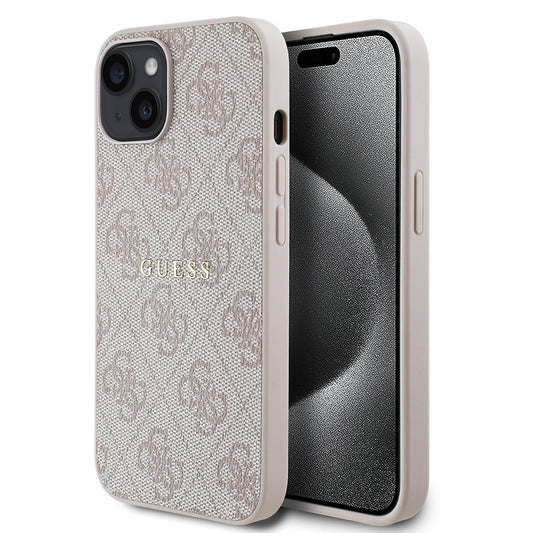 Apple iPhone 14 Case Guess Original Licensed M-safe Charging Feature 4G Pattern Text Logo Cover Pink
