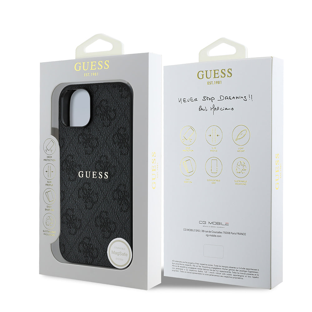 Apple iPhone 14 Case Guess Original Licensed M-safe Charging Feature 4G Pattern Text Logo Cover Black