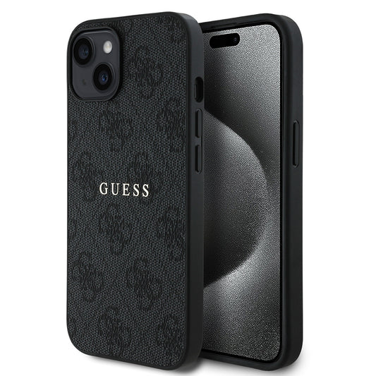 Apple iPhone 14 Case Guess Original Licensed M-safe Charging Feature 4G Pattern Text Logo Cover Black