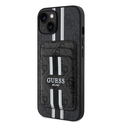 Apple iPhone 14 Kılıf Guess Orjinal Lisanslı M-safe Şarj Özellikli 4G Desenli Çizgili Kartlıklı Kapak Siyah