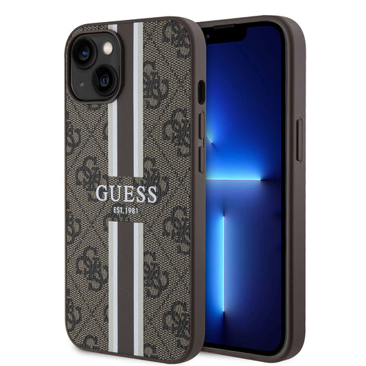 Apple iPhone 14 Case Guess Original Licensed M-safe Charging Feature 4G Stripe Design Printed Cover Brown