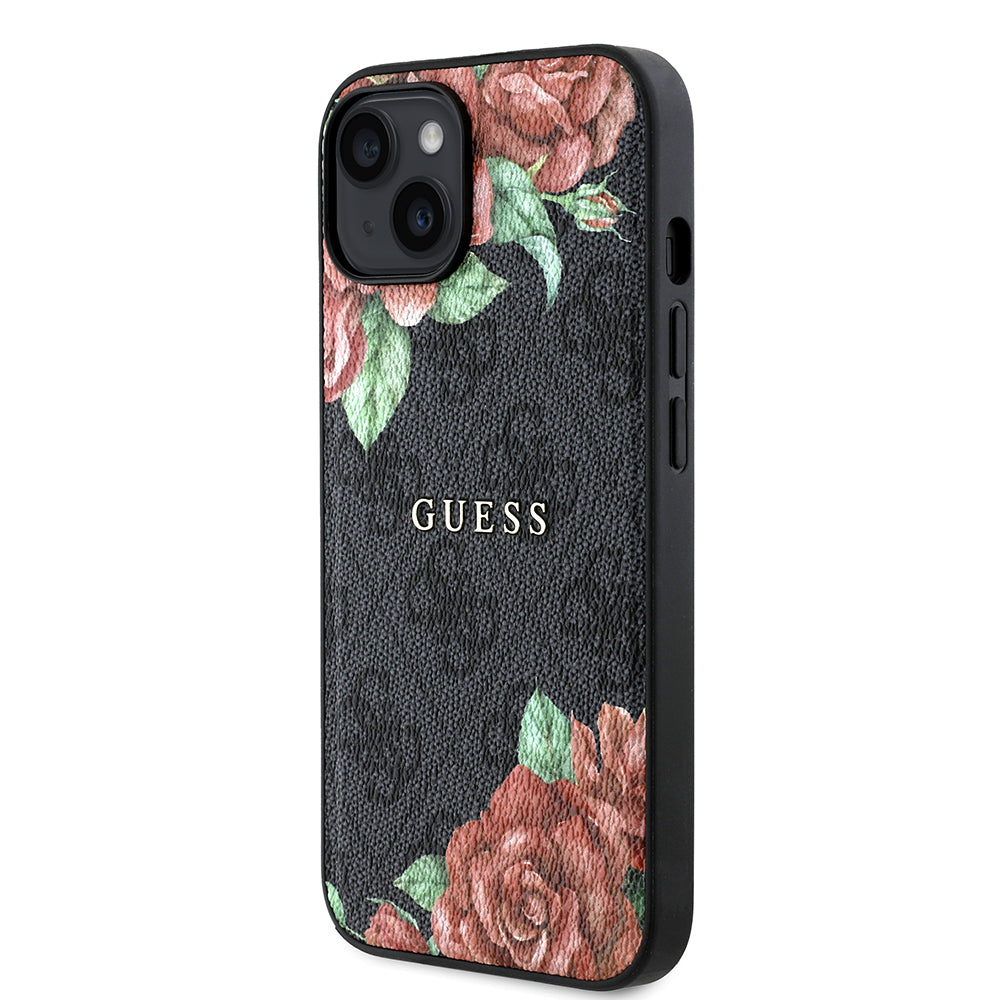 Apple iPhone 14 Case Guess Original Licensed M-safe Charging Feature Rose Printed 4G Patterned Text Logo Cover Black
