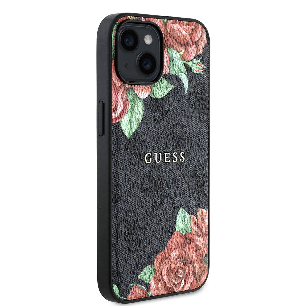 Apple iPhone 14 Case Guess Original Licensed M-safe Charging Feature Rose Printed 4G Patterned Text Logo Cover Black