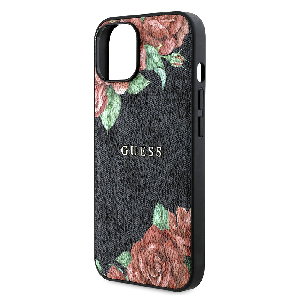 Apple iPhone 14 Case Guess Original Licensed M-safe Charging Feature Rose Printed 4G Patterned Text Logo Cover Black