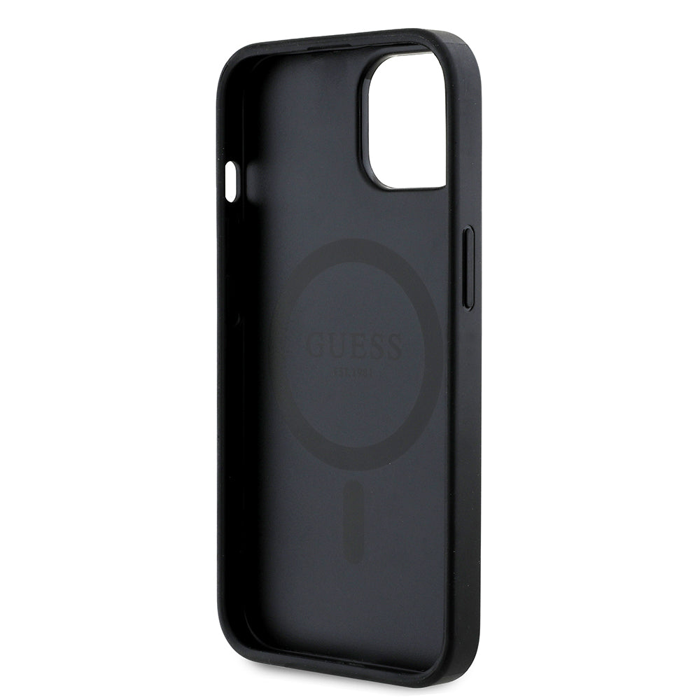Apple iPhone 14 Case Guess Original Licensed M-safe Charging Feature Rose Printed 4G Patterned Text Logo Cover Black