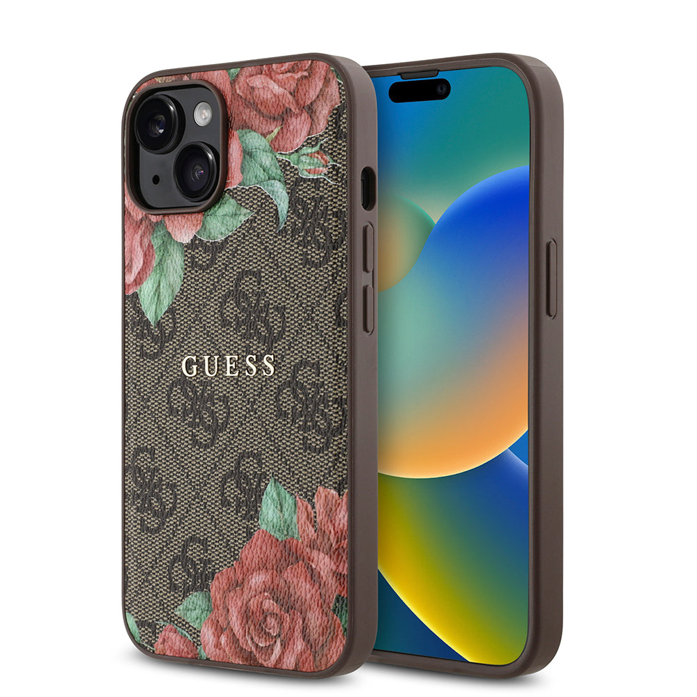Apple iPhone 14 Case Guess Original Licensed M-safe Charging Feature Rose Printed 4G Patterned Text Logo Cover Black
