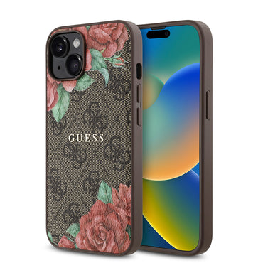 Apple iPhone 14 Case Guess Original Licensed M-safe Charging Feature Rose Printed 4G Patterned Text Logo Cover Black