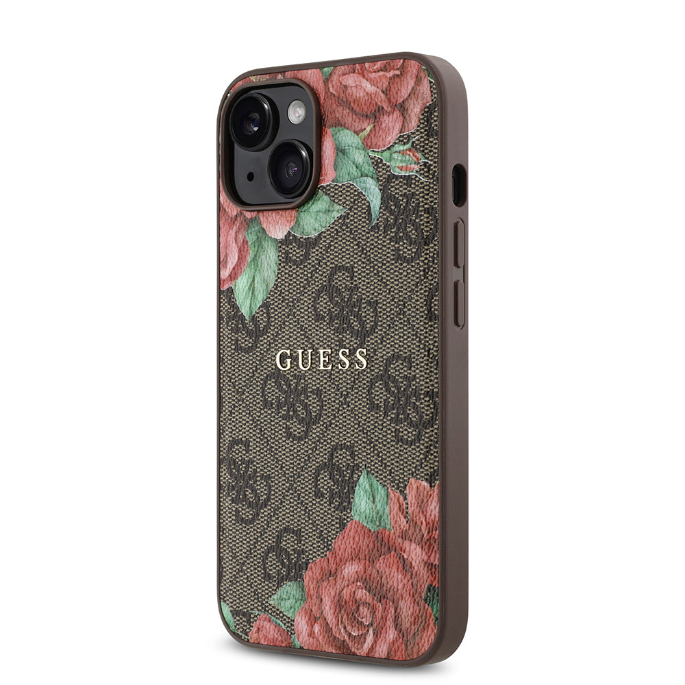 Apple iPhone 14 Case Guess Original Licensed M-safe Charging Feature Rose Printed 4G Patterned Text Logo Cover Black