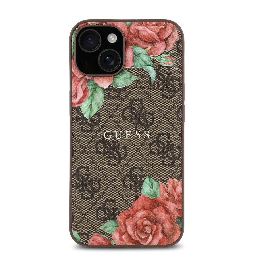 Apple iPhone 14 Case Guess Original Licensed M-safe Charging Feature Rose Printed 4G Patterned Text Logo Cover Black