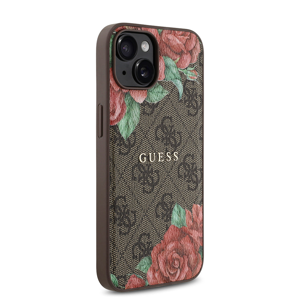 Apple iPhone 14 Case Guess Original Licensed M-safe Charging Feature Rose Printed 4G Patterned Text Logo Cover Black