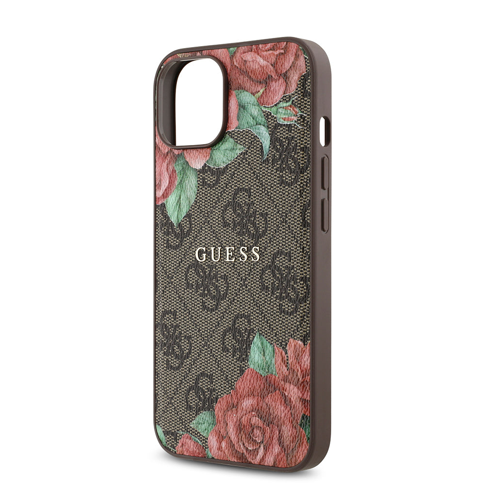 Apple iPhone 14 Case Guess Original Licensed M-safe Charging Feature Rose Printed 4G Patterned Text Logo Cover Black
