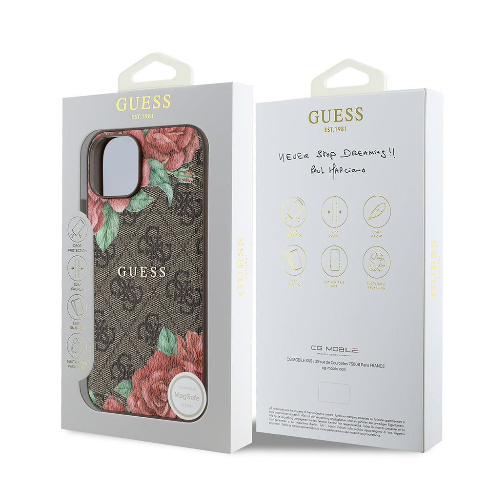 Apple iPhone 14 Case Guess Original Licensed M-safe Charging Feature Rose Printed 4G Patterned Text Logo Cover Black