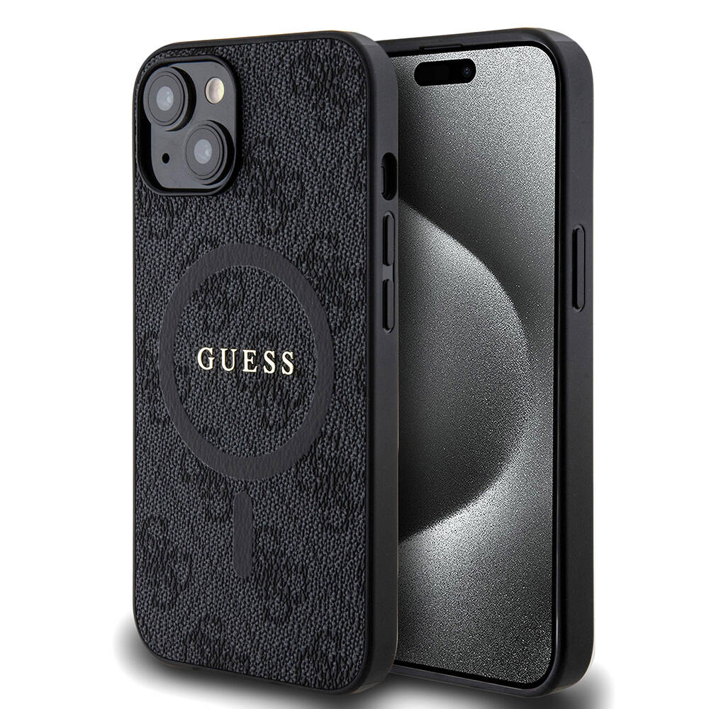 Apple iPhone 14 Case Guess Original Licensed M-safe Charging Feature PU Ring 4G Patterned Text Logo Cover Black