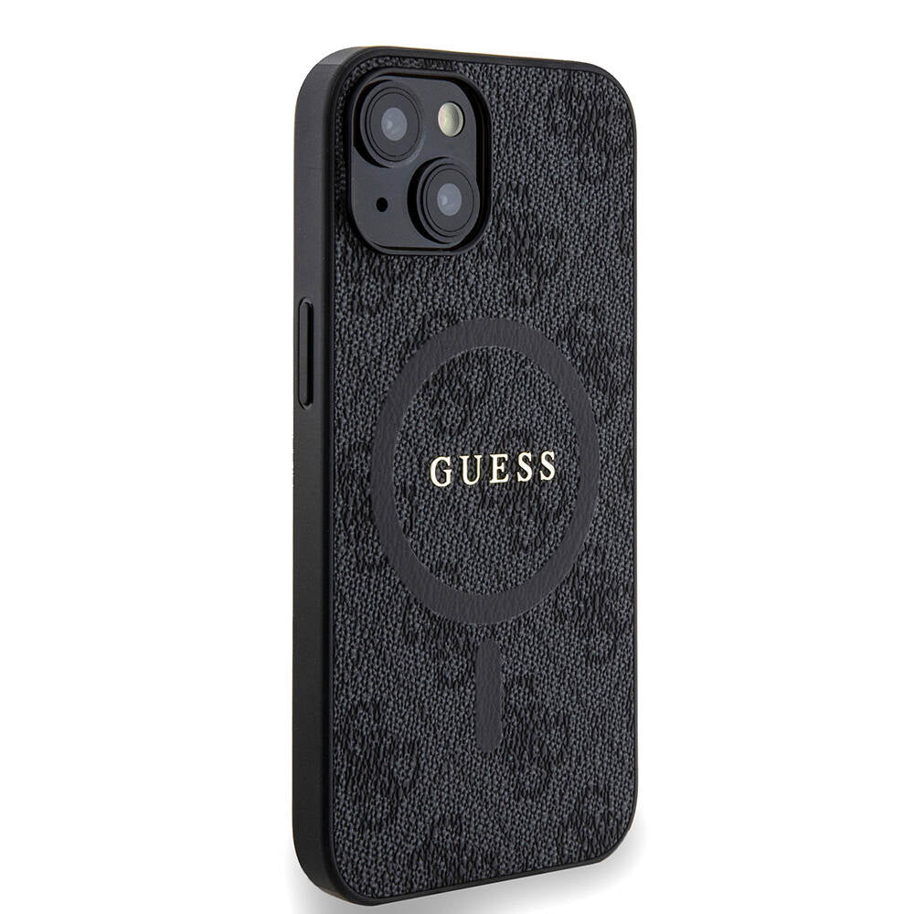 Apple iPhone 14 Case Guess Original Licensed M-safe Charging Feature PU Ring 4G Patterned Text Logo Cover Black