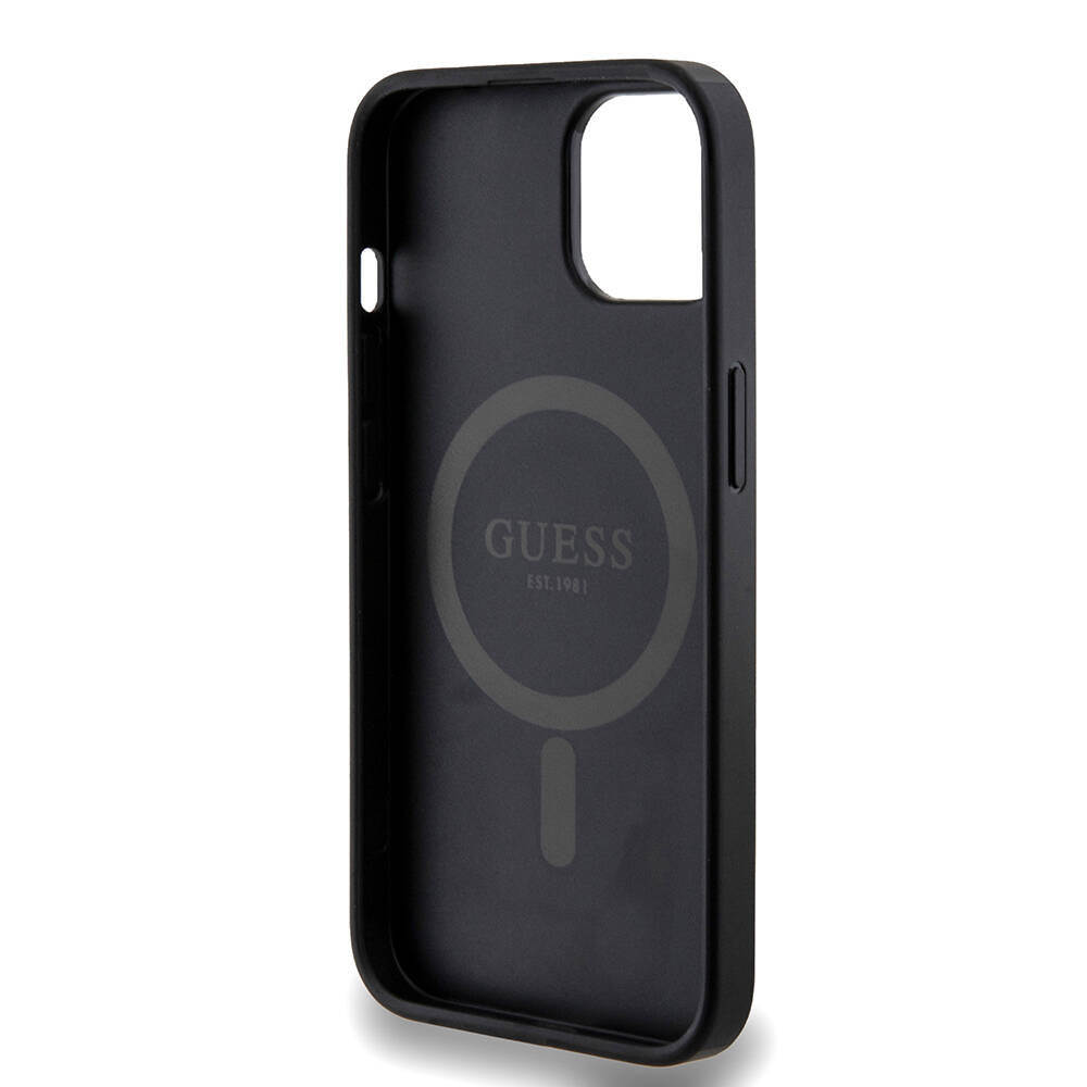 Apple iPhone 14 Case Guess Original Licensed M-safe Charging Feature PU Ring 4G Patterned Text Logo Cover Black