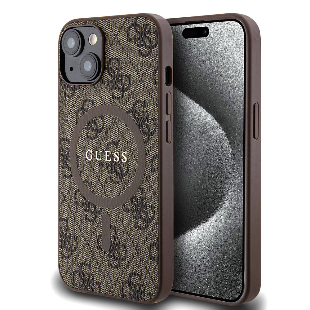 Apple iPhone 14 Case Guess Original Licensed M-safe Charging Feature PU Ring 4G Patterned Text Logo Cover Brown