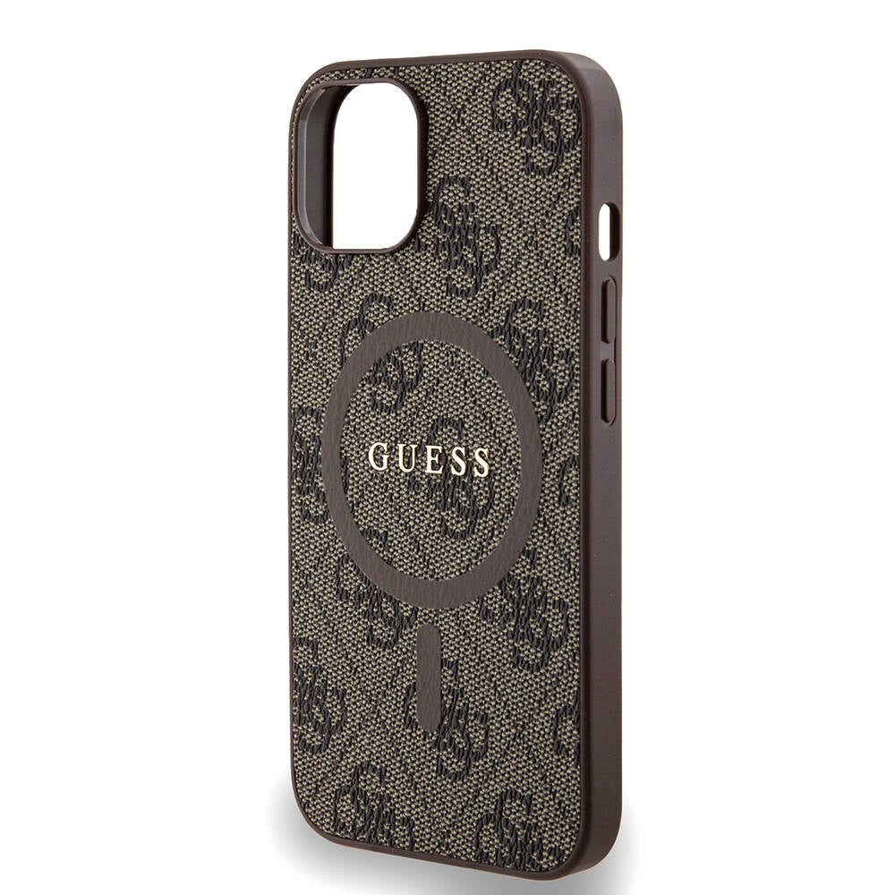Apple iPhone 14 Case Guess Original Licensed M-safe Charging Feature PU Ring 4G Patterned Text Logo Cover Brown