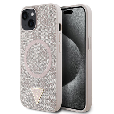 Apple iPhone 14 Case Guess Original Licensed M-safe Charging Feature PU Triangle Logo 4G Patterned Cover Black