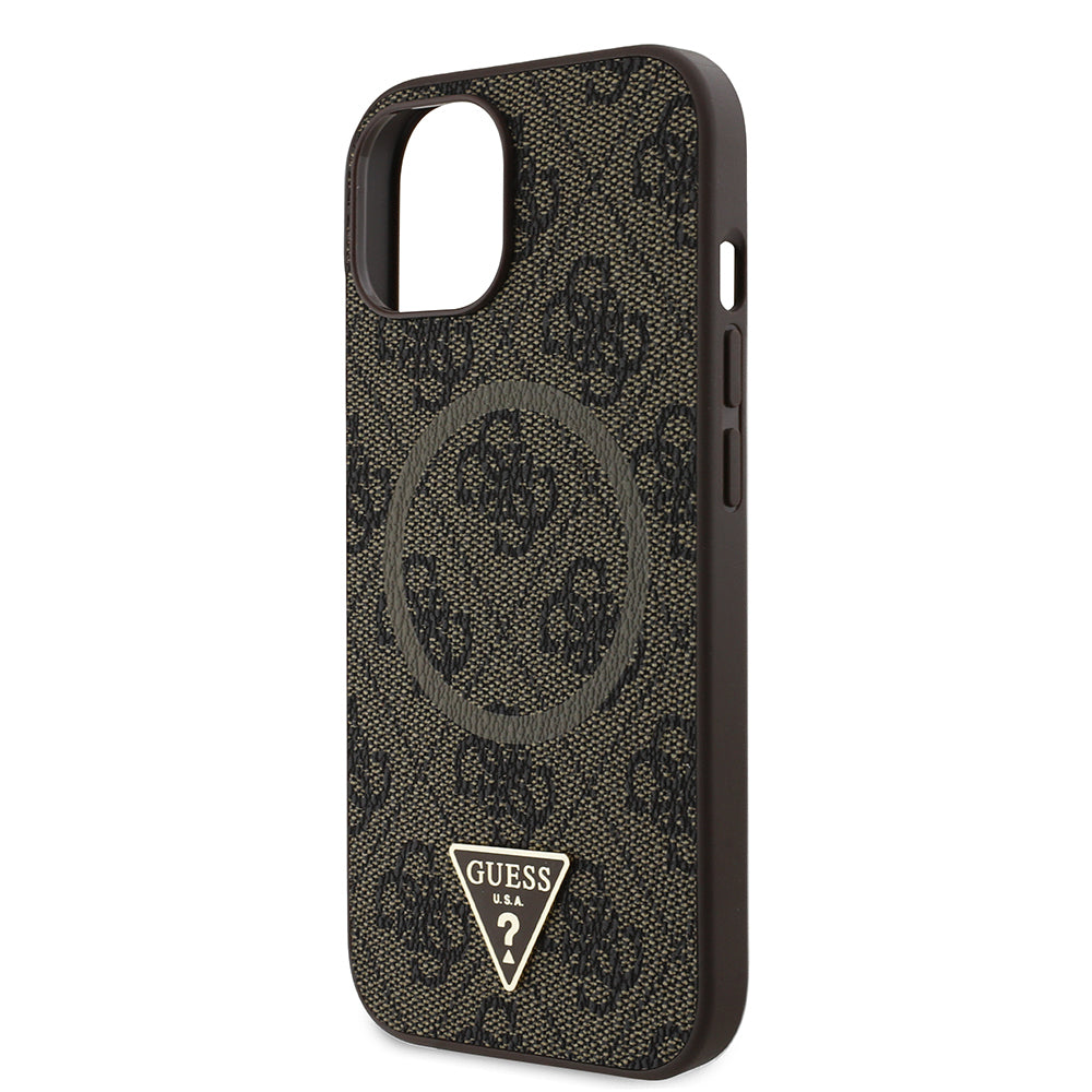 Apple iPhone 14 Case Guess Original Licensed M-safe Charging Feature PU Triangle Logo 4G Patterned Cover Pink