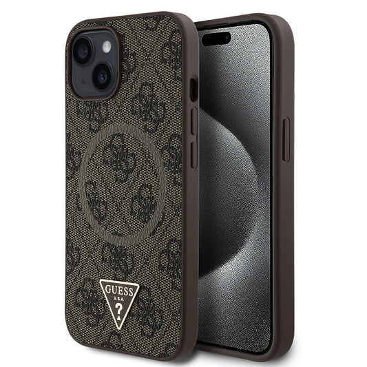 Apple iPhone 14 Case Guess Original Licensed M-safe Charging Feature PU Triangle Logo 4G Patterned Cover Brown