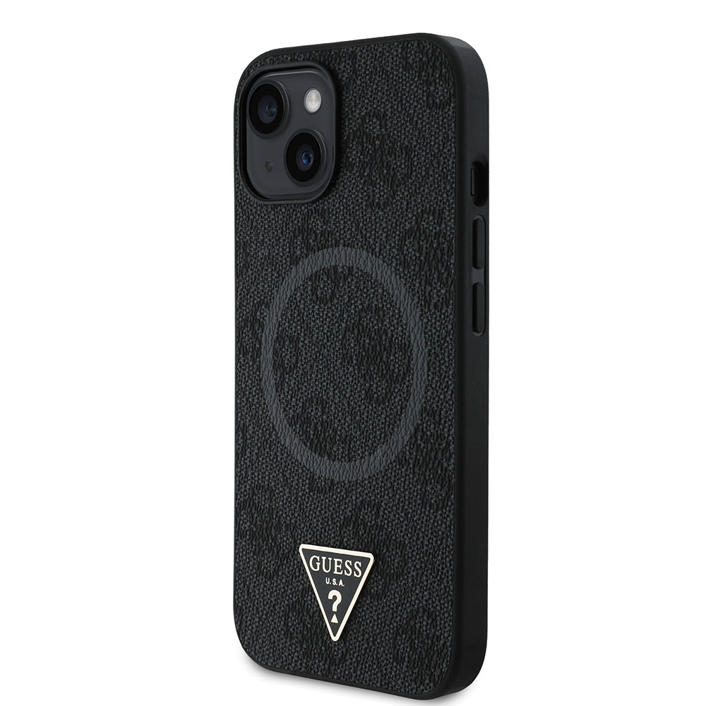 Apple iPhone 14 Case Guess Original Licensed M-safe Charging Feature PU Triangle Logo 4G Patterned Cover Pink