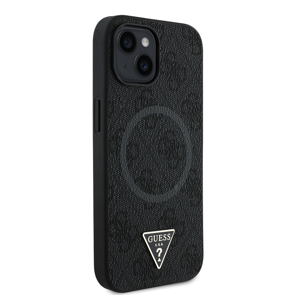 Apple iPhone 14 Case Guess Original Licensed M-safe Charging Feature PU Triangle Logo 4G Patterned Cover Black