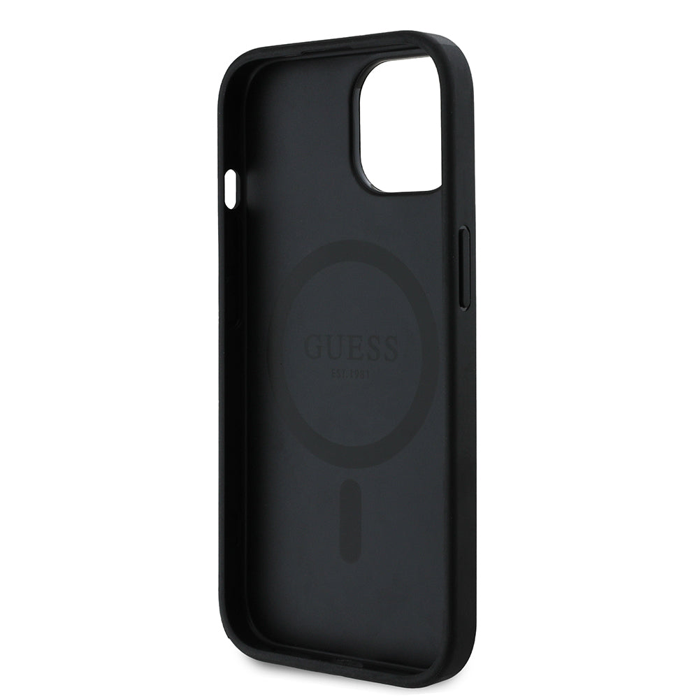 Apple iPhone 14 Case Guess Original Licensed M-safe Charging Feature PU Triangle Logo 4G Patterned Cover Black