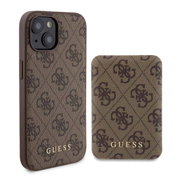 Apple iPhone 14 Case Guess Original Licensed M-safe Charging Feature Text Logo 4G Patterned Cover + Powerbank 5000mAh 2in1 Set Brown 