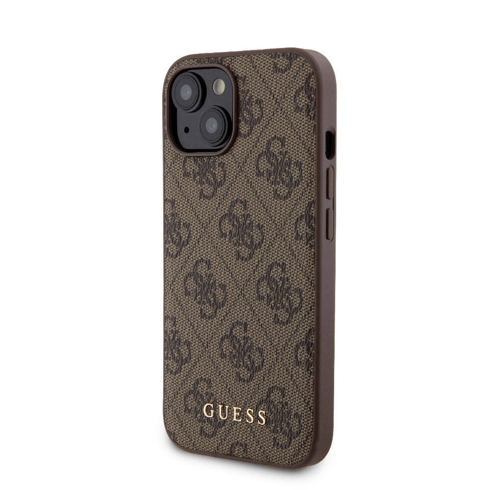 Apple iPhone 14 Case Guess Original Licensed M-safe Charging Feature Text Logo 4G Patterned Cover + Powerbank 5000mAh 2in1 Set Brown 