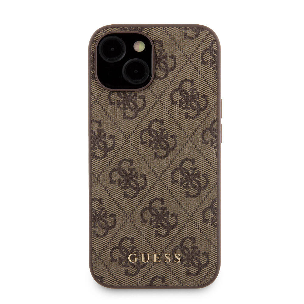 Apple iPhone 14 Case Guess Original Licensed M-safe Charging Feature Text Logo 4G Patterned Cover + Powerbank 5000mAh 2in1 Set Brown 