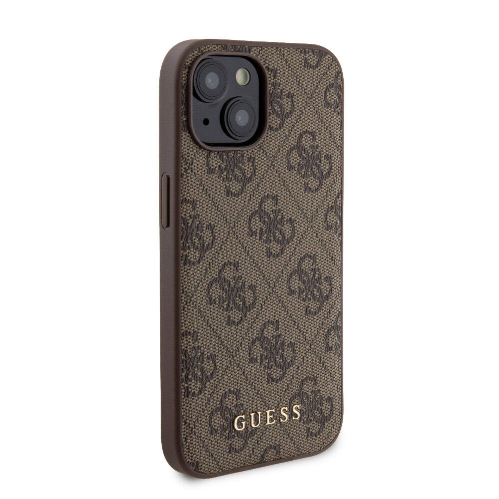 Apple iPhone 14 Case Guess Original Licensed M-safe Charging Feature Text Logo 4G Patterned Cover + Powerbank 5000mAh 2in1 Set Brown 
