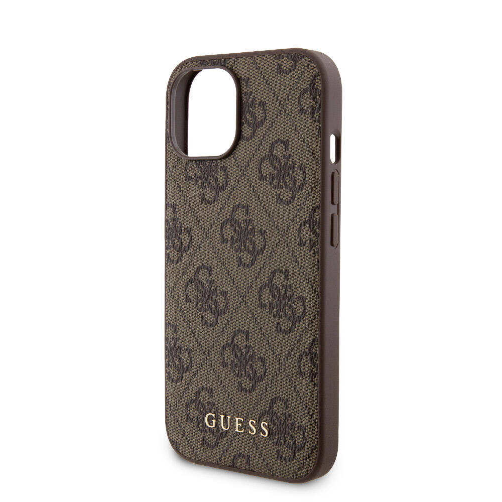 Apple iPhone 14 Case Guess Original Licensed M-safe Charging Feature Text Logo 4G Patterned Cover + Powerbank 5000mAh 2in1 Set Brown 