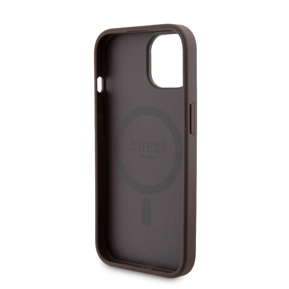 Apple iPhone 14 Case Guess Original Licensed M-safe Charging Feature Text Logo 4G Patterned Cover + Powerbank 5000mAh 2in1 Set Brown 