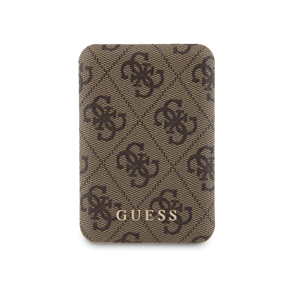 Apple iPhone 14 Case Guess Original Licensed M-safe Charging Feature Text Logo 4G Patterned Cover + Powerbank 5000mAh 2in1 Set Brown 