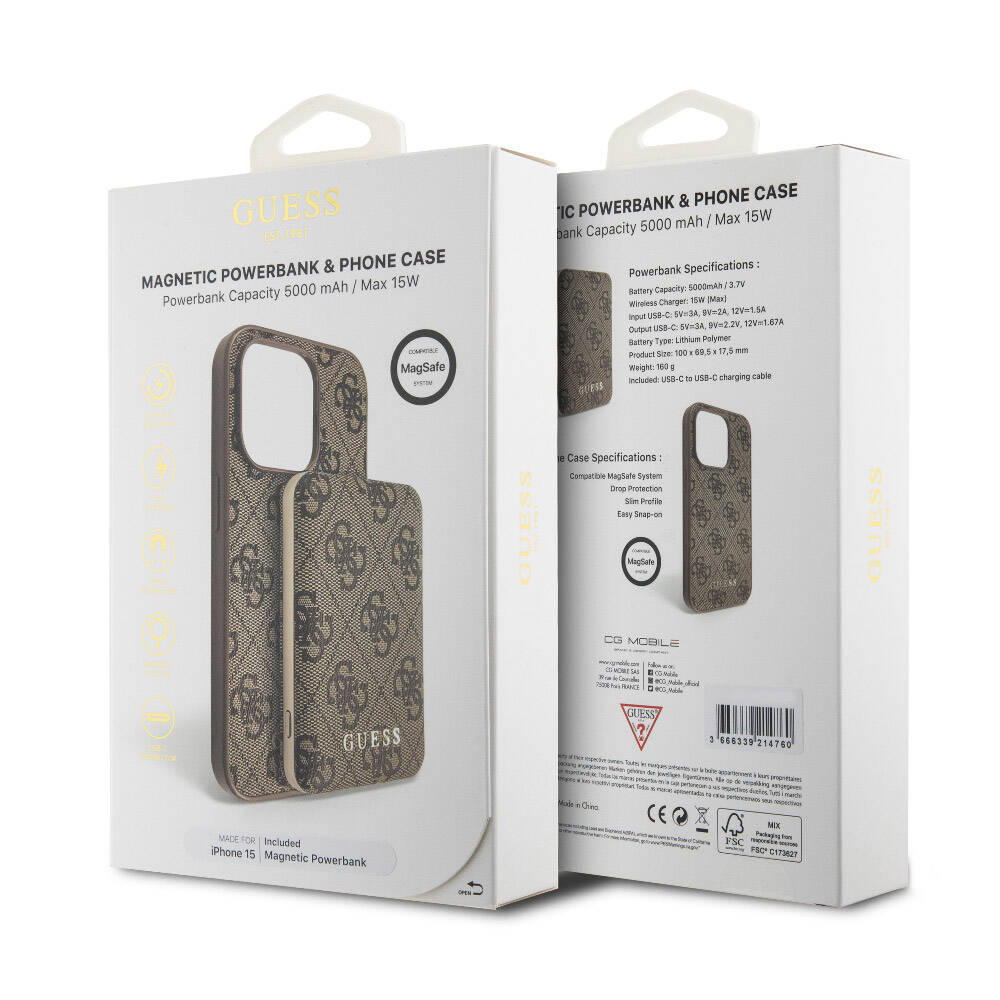 Apple iPhone 14 Case Guess Original Licensed M-safe Charging Feature Text Logo 4G Patterned Cover + Powerbank 5000mAh 2in1 Set Brown 
