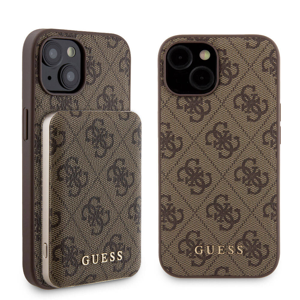 Apple iPhone 14 Case Guess Original Licensed M-safe Charging Feature Text Logo 4G Patterned Cover + Powerbank 5000mAh 2in1 Set Brown 