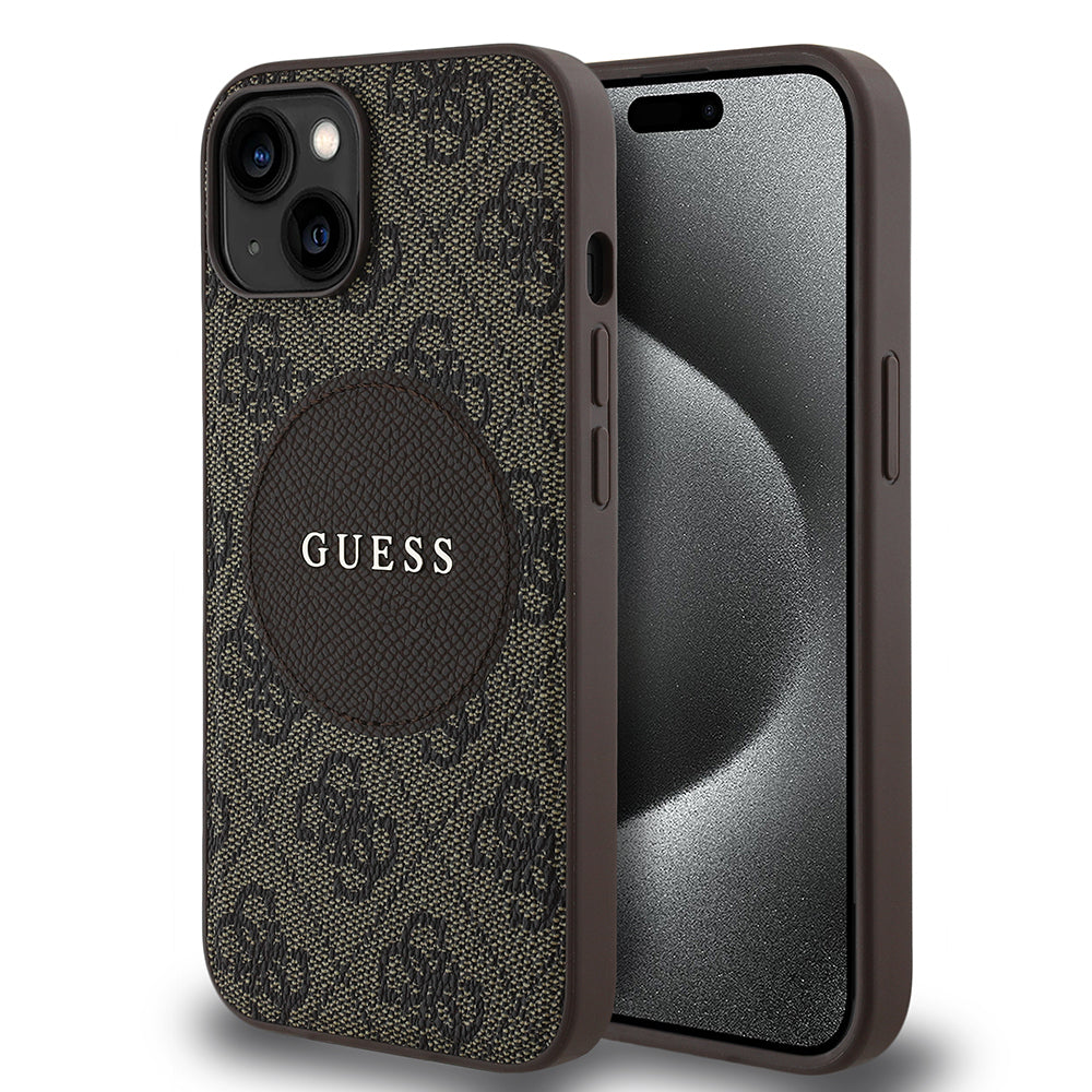 Apple iPhone 14 Case Guess Original Licensed M-safe Charging Feature Circle Classic Cover Brown with Text Logo