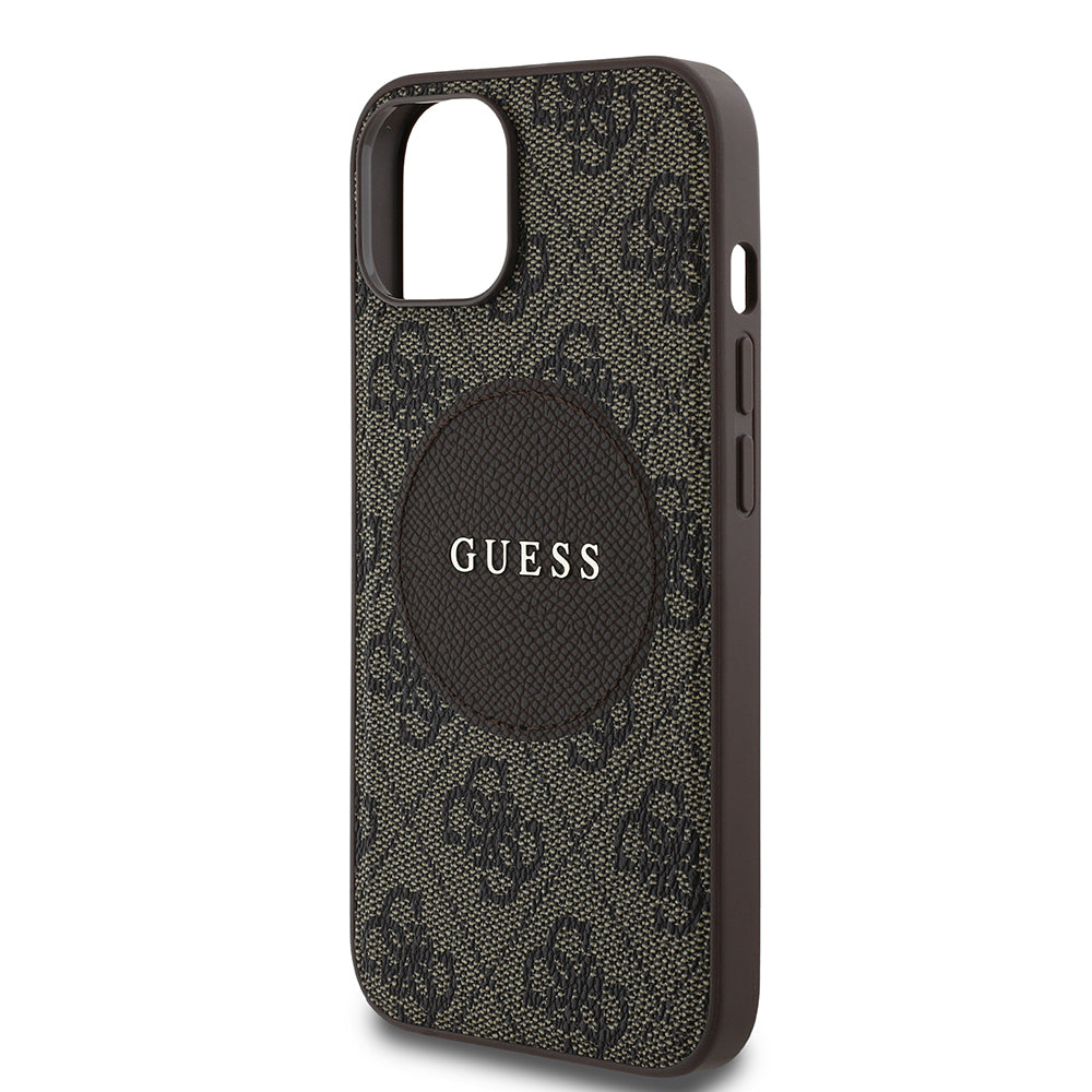 Apple iPhone 14 Case Guess Original Licensed M-safe Charging Feature Circle Classic Cover Brown with Text Logo