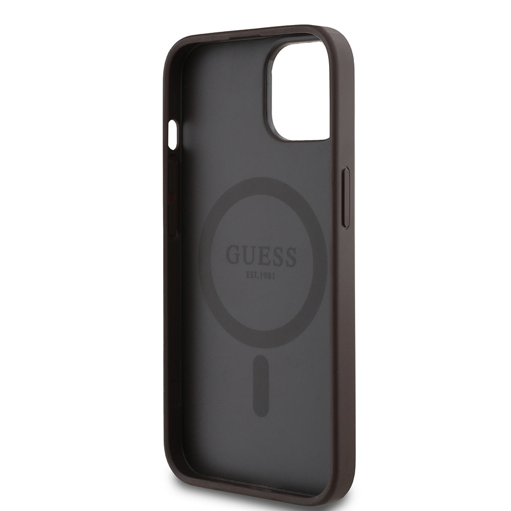 Apple iPhone 14 Case Guess Original Licensed M-safe Charging Feature Circle Classic Cover Brown with Text Logo