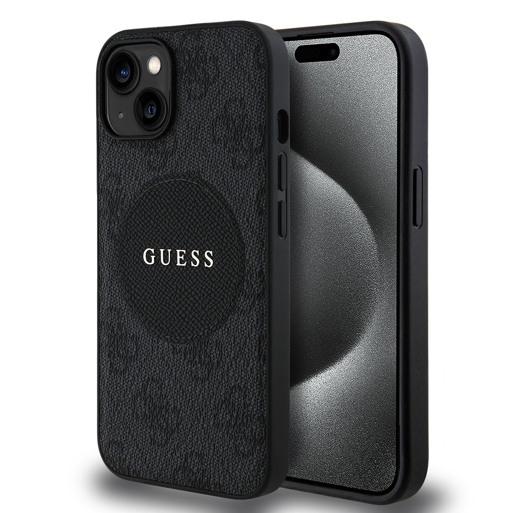 Apple iPhone 14 Case Guess Original Licensed M-safe Charging Feature Circle Classic Cover Brown with Text Logo