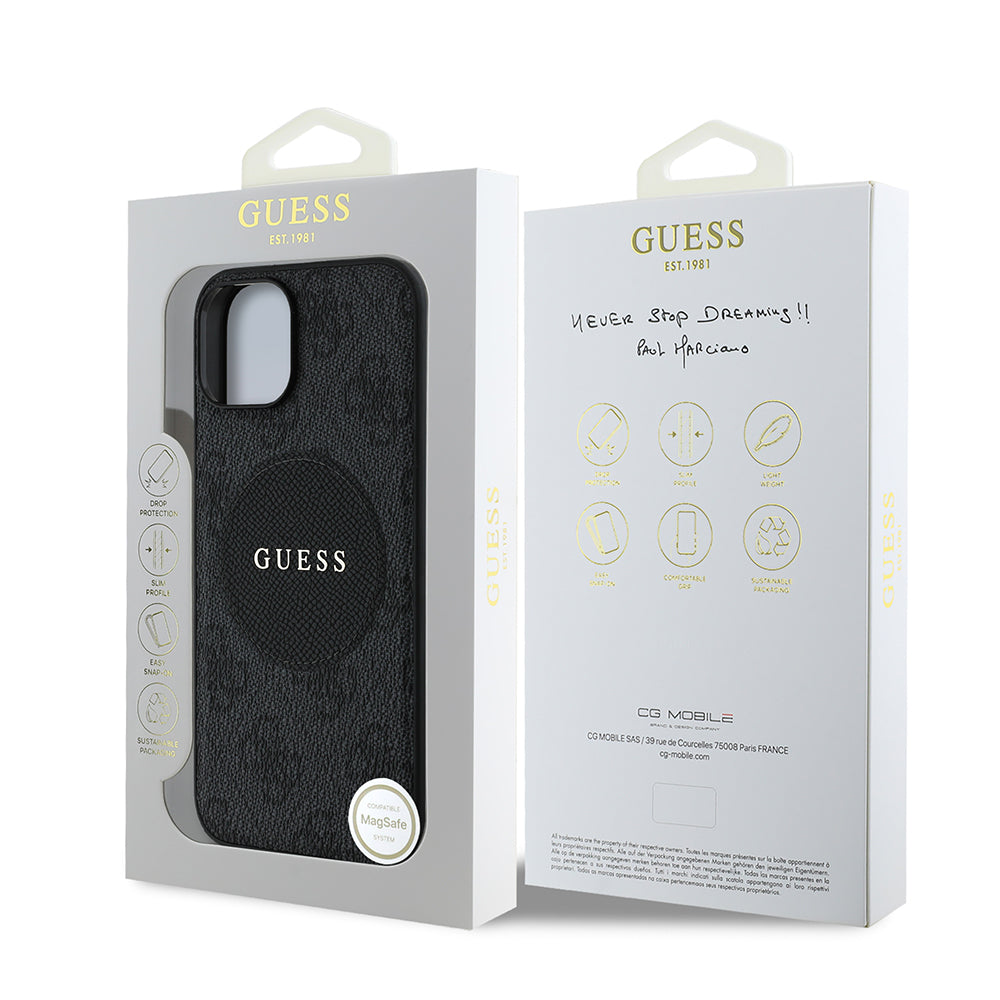 Apple iPhone 14 Case Guess Original Licensed M-safe Charging Feature Circle Classic Cover Brown with Text Logo