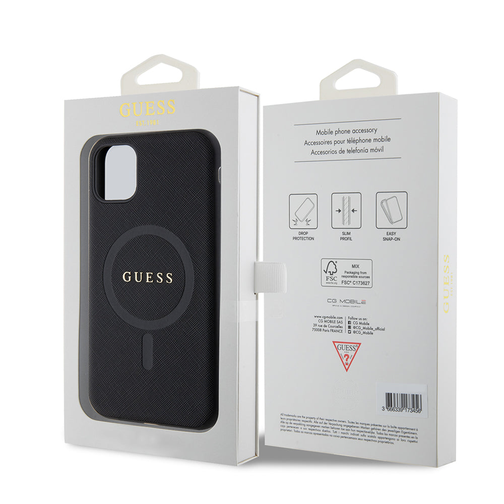 Apple iPhone 14 Case Guess Original Licensed M-safe Charging Feature Saffiano Classic Cover Black with Text Logo