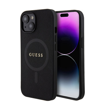 Apple iPhone 14 Case Guess Original Licensed M-safe Charging Feature Saffiano Classic Cover Black with Text Logo
