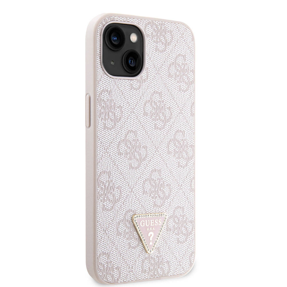 Apple iPhone 14 Case Guess Original Licensed PU Leather Stone Triangle Logo 4G Patterned Cover Pink