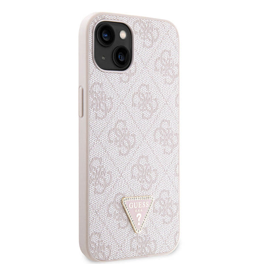 Apple iPhone 14 Case Guess Original Licensed PU Leather Stone Triangle Logo 4G Patterned Cover Pink