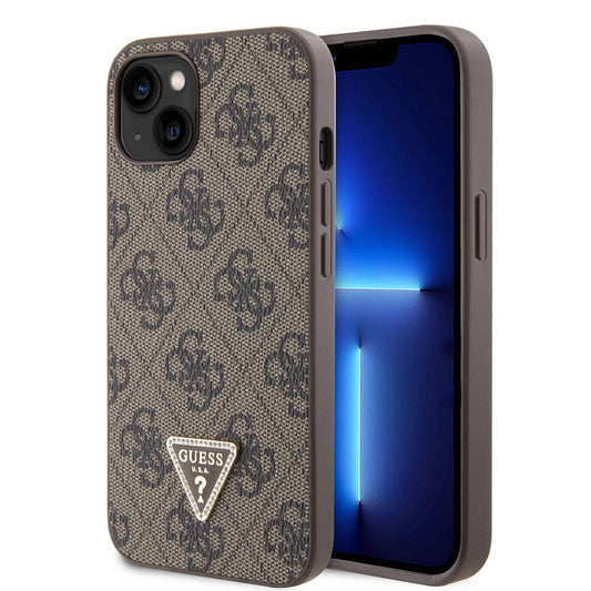 Apple iPhone 14 Case Guess Original Licensed PU Leather Stone Triangle Logo 4G Patterned Cover Brown